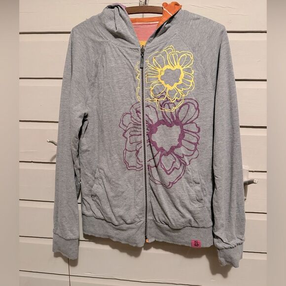 Roxy reversible full zip hoodie Gray with flowers and stripes of yellow orange - Picture 1 of 8